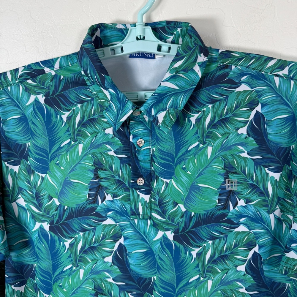 HRESKI Polo Shirt Mens 2XL Blue Golf‎ Performance Floral Print AOP Stretch